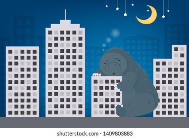 Cute paper art lizard sweet dream sleeping on night with buildings background illustration vector