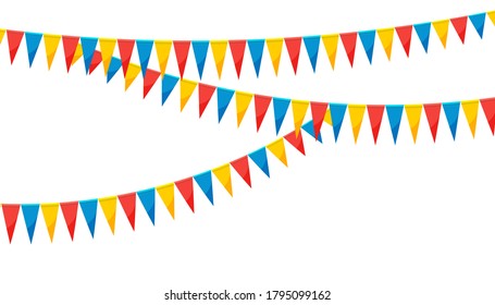 Cute paper bunting party flags isolated on white background. Carnival garland with flags. Decorative colorful party pennants for birthday celebration, festival decor. Colorful bunting flags.