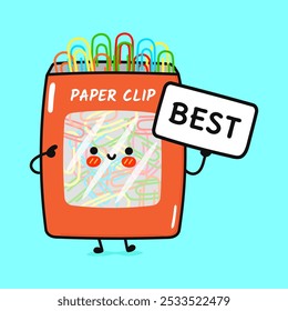 Cute Paper clip with poster best. Vector hand drawn cartoon kawaii character illustration icon. Isolated on blue background. Orange Paper clip think concept