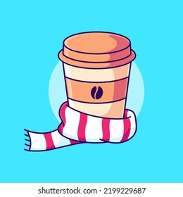 Cute paper coffee cup with scarf vector illustration. cartoon coffee for menu