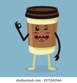 Cute Paper Cup Coffee Characters With OK Gesture. Drink Icon Mascot Isolated Concept. Vector Flat Illustration