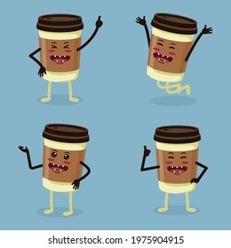 Cute Paper Cup Coffee Characters With Different Pose. Drink Icon Mascot Isolated Concept. Vector Flat Illustration