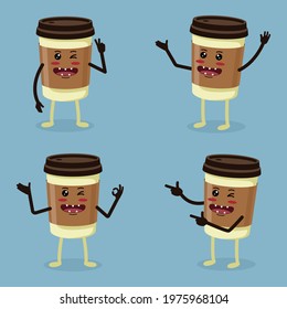 Cute Paper Cup Coffee Characters With Different Pose. Drink Icon Mascot Isolated Concept. Vector Flat Illustration