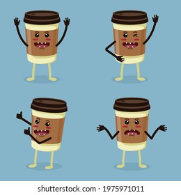 Cute Paper Cup Coffee Characters. Drink Icon Mascot Isolated Concept. Vector Flat Illustration