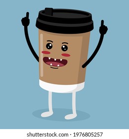 Cute Paper Cup Coffee Characters With Victory Gesture. Drink Icon Mascot Isolated Concept. Vector Flat Illustration