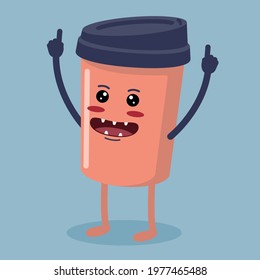 Cute Paper Cup Coffee Characters With Victory Gesture. Drink Icon Mascot Isolated Concept. Vector Flat Illustration