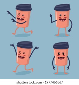 Cute Paper Cup Coffee Characters With Different Gesture. Drink Icon Mascot Isolated Concept. Vector Flat Illustration