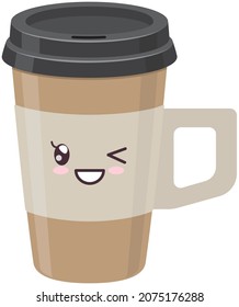 Cute café de taza de papel para ir pegatina kawaii diseño vectorial de icono. Adorable linda y encantadora bebida caliente en taza con emociones positivas, japonés, símbolo de cultura oriental anime, inocencia y niñez