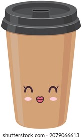 Cute paper cup coffee to go sticker kawaii icon vector design. Adorable cute charming hot drink in cup with positive emotions, japanese, oriental culture symbol anime, innocence and childishness