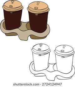 Cute paper cup coffee to go Isolated illustration. Vector graphic line ink colored art. Silhouette sign for logo, print, comics, fashion, pop art, boards, design, stickers, decoration, posters
