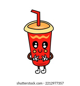 Cute paper cup of cola cartoon character. Funny colorful soda mascot. Kawaii fast food icon, element, symbol for menu, restaurant, takeaway, delivery, advertising