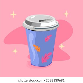 Cute paper cup with a drink, decorated with autumn leaves, on a pink background with stars. Ideal for the fall season and coffee to go