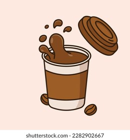 Cute paper cup filled with coffee cartoon icon vector illustration. Coffee drink icon concept. Vector flat outline icon