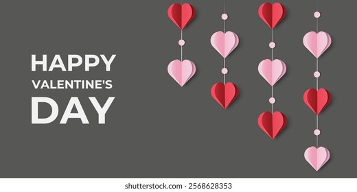 Cute Paper Cut Background with Hanging 3D Hearts. Banner Perfect for Valentine's Day, Women's and Mother's Day, March 8. Modern Trendy Design Concept. Vector Illustration with Modern Typography.