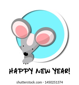 Cute paper cut mouse isolated on white background. Creative character  for 2020 New Year. Rat symbol of the year in the Chinese calendar. Vector illustration. Funny design for greeting card