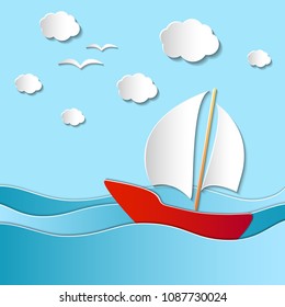 Cute paper cut red sailboat in the sea; colorful vector paper art illustration for posters, postcards, wallpapers and books for children, scrapbooking; EPS 10 