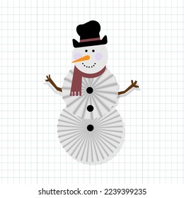 Cute paper cut snowman. Against the background of a checkered sheet. Interesting design. Vector graphics.