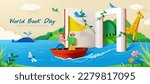 Cute paper cut style illustration of world book day. Explorers sailing on the sea through book arch door to start an new adventure story.