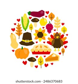 Cute paper cut thanksgiving icons composed in circle shape isolated on white background. Seasonal autumn festival. Local vegetables from farm.