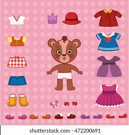 Cute paper doll bear with her cloth set. (Vector illustration)