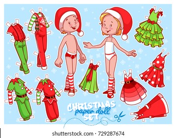 Cute paper doll in Christmas theme. Costumes elf and Santa's outfits for boy and girl. Vector illustration.