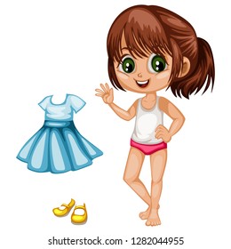 Cute Paper Doll Dress Up Game. Beautiful Little Girl in Underwear with Different Dresses, Clothes and Shoes. Vector illustration of a Body Template with Nice Set of Clothes 