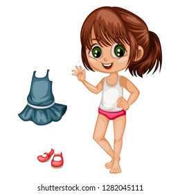 Cute Paper Doll Dress Up Game. Beautiful Little Girl in Underwear with Different Dresses, Clothes and Shoes. Vector illustration of a Body Template with Nice Set of Clothes 