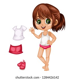 Cute Paper Doll Dress Up Game. Beautiful Little Girl in Underwear with Different Dresses, Clothes and Shoes. Vector illustration of a Body Template with Nice Set of Clothes 
