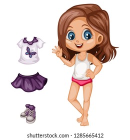 Cute Paper Doll Dress Up Game. Beautiful Little Girl in Underwear with Different Dresses, Clothes and Shoes. Vector illustration of a Body Template with Nice Set of Clothes 