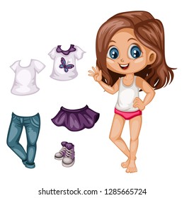 Cute Paper Doll Dress Up Game. Beautiful Little Girl in Underwear with Different Dresses, Clothes and Shoes. Vector illustration of a Body Template with Nice Set of Clothes 