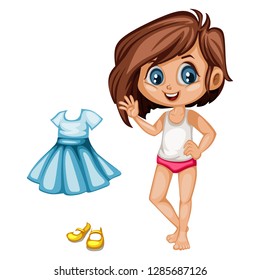 Cute Paper Doll Dress Up Game. Beautiful Little Girl in Underwear with Different Dresses, Clothes and Shoes. Vector illustration of a Body Template with Nice Set of Clothes 