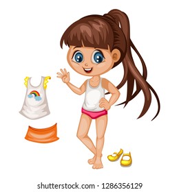 Cute Paper Doll Dress Up Game. Beautiful Little Girl in Underwear with Different Dresses, Clothes and Shoes. Vector illustration of a Body Template with Nice Set of Clothes 