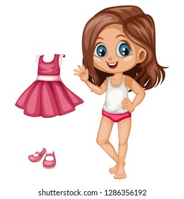 Cute Paper Doll Dress Up Game. Beautiful Little Girl in Underwear with Different Dresses, Clothes and Shoes. Vector illustration of a Body Template with Nice Set of Clothes 