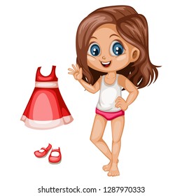 Cute Paper Doll Dress Up Game. Beautiful Little Girl in Underwear with Different Dresses, Clothes and Shoes. Vector illustration of a Body Template with Nice Set of Clothes 