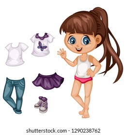 Cute Paper Doll Dress Up Game. Beautiful Little Girl in Underwear with Different Dresses, Clothes and Shoes. Vector illustration of a Body Template with Nice Set of Clothes 