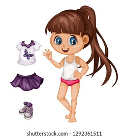Cute Paper Doll Dress Up Game. Beautiful Little Girl in Underwear with Different Dresses, Clothes and Shoes. Vector illustration of a Body Template with Nice Set of Clothes 