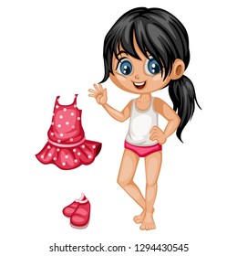 Cute Paper Doll Dress Up Game. Beautiful Little Girl in Underwear with Different Dresses, Clothes and Shoes. Vector illustration of a Body Template with Nice Set of Clothes 