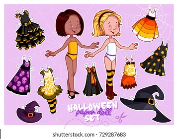 Cute paper doll in Halloween theme. Witches costumes for little girls. Vector illustration.