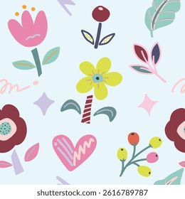 Cute paper flower on light blue background seamless pattern