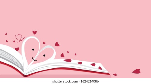 Cute paper heart book flat design for Valentine's Day on sweet pink background.