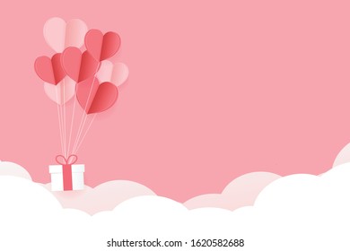 Cute Paper Hearts Float with Gift box  on pink sky with cloud and copy space  background. Vector Illustration, Valentine's Day Poster