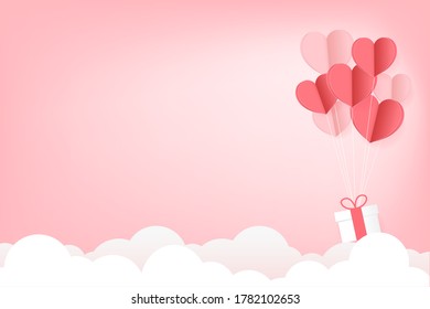 Cute Paper Hearts Float with Gift box  on pink sky with cloud and copy space  background. Vector Illustration, Valentine's Day Poster