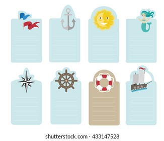 Cute Paper Memo Pad with nautical marine elements - flags, anchor, hand wheel, sailboat, mermaid, sun, wind star