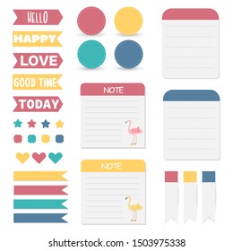 Cute paper note and printable. To do list template. Business organizer set. Simple page. Scrapbook and schedule collection. Banner design for message. Sticker memo. Vector illustration.