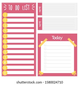 Cute paper note and printable. To do list template. Business organizer set. Simple page. Scrapbook and schedule collection. Banner design for message. Sticker memo. Vector illustration.