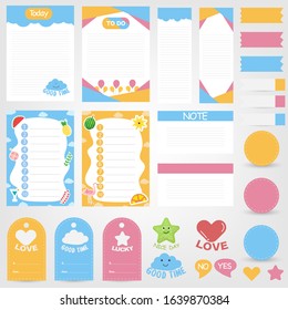 Cute paper note and printable. To do list template. Business organizer set. Simple page. Scrapbook and schedule collection. Banner design for message. Sticker memo. Vector illustration.