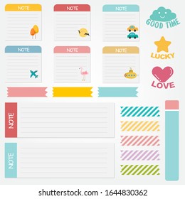 Cute paper note and printable. To do list template. Business organizer set. Simple page. Scrapbook and schedule collection. Banner design for message. Sticker memo. Vector illustration.