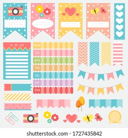 Cute paper note and printable. To do list template. Business organizer set. Simple page. Scrapbook and schedule collection. Banner design for message. Sticker memo. Vector illustration.