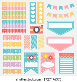 Cute paper note and printable. To do list template. Business organizer set. Simple page. Scrapbook and schedule collection. Banner design for message. Sticker memo. Vector illustration.