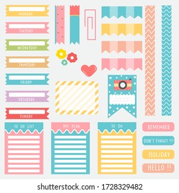 Cute paper note and printable. To do list template. Business organizer set. Simple page. Scrapbook and schedule collection. Banner design for message. Sticker memo. Vector illustration.